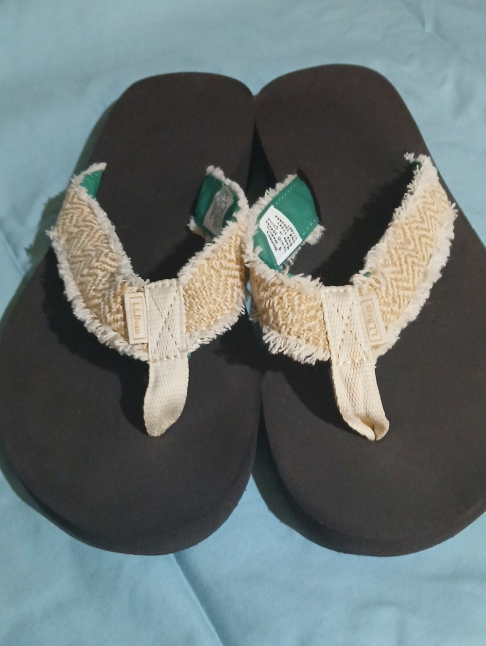 L.L. Bean Women's Tan Fringe Strap Flip Flops with Black Footbed